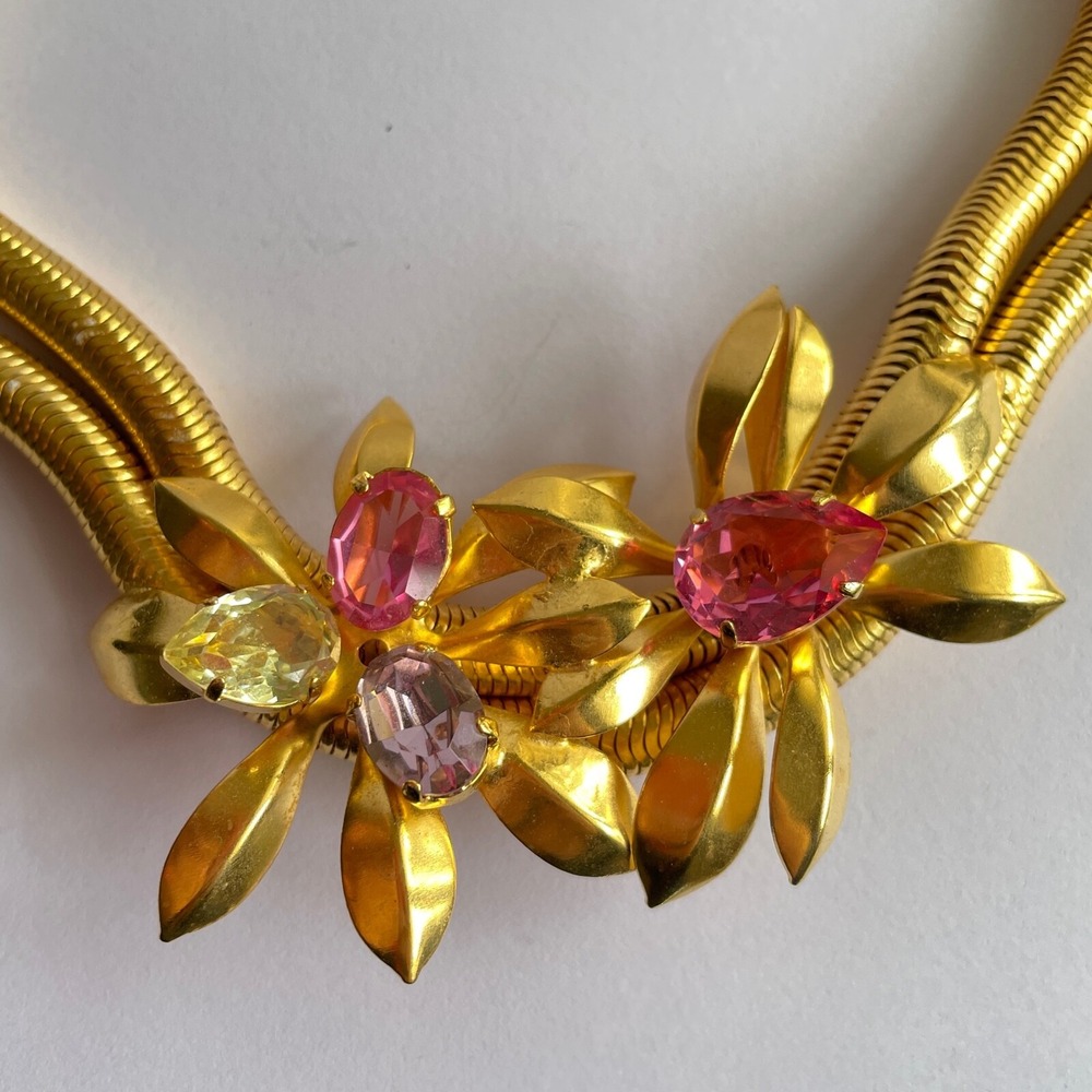 Vintage Philippe Ferrandis Gold Necklace Pink Crystals Statement Jewelry - Picture 2 of 9